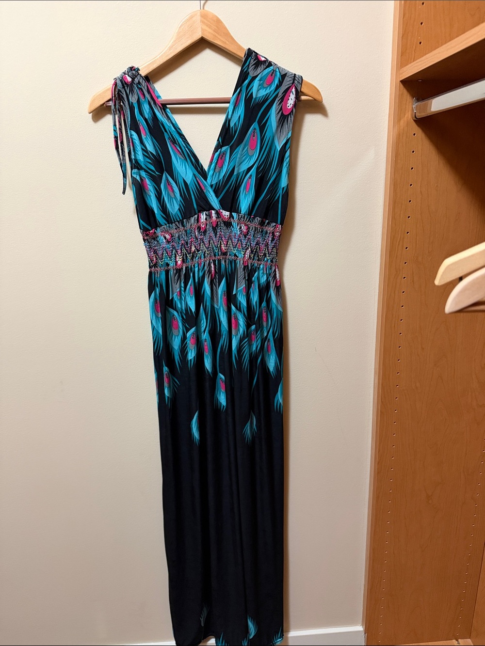 Smocked Waist Black Maxi Dress with Teal & Pink Feather Motif
